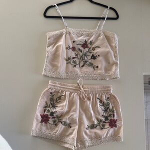 Zara Floral Embroidered Pajama Set - Cream